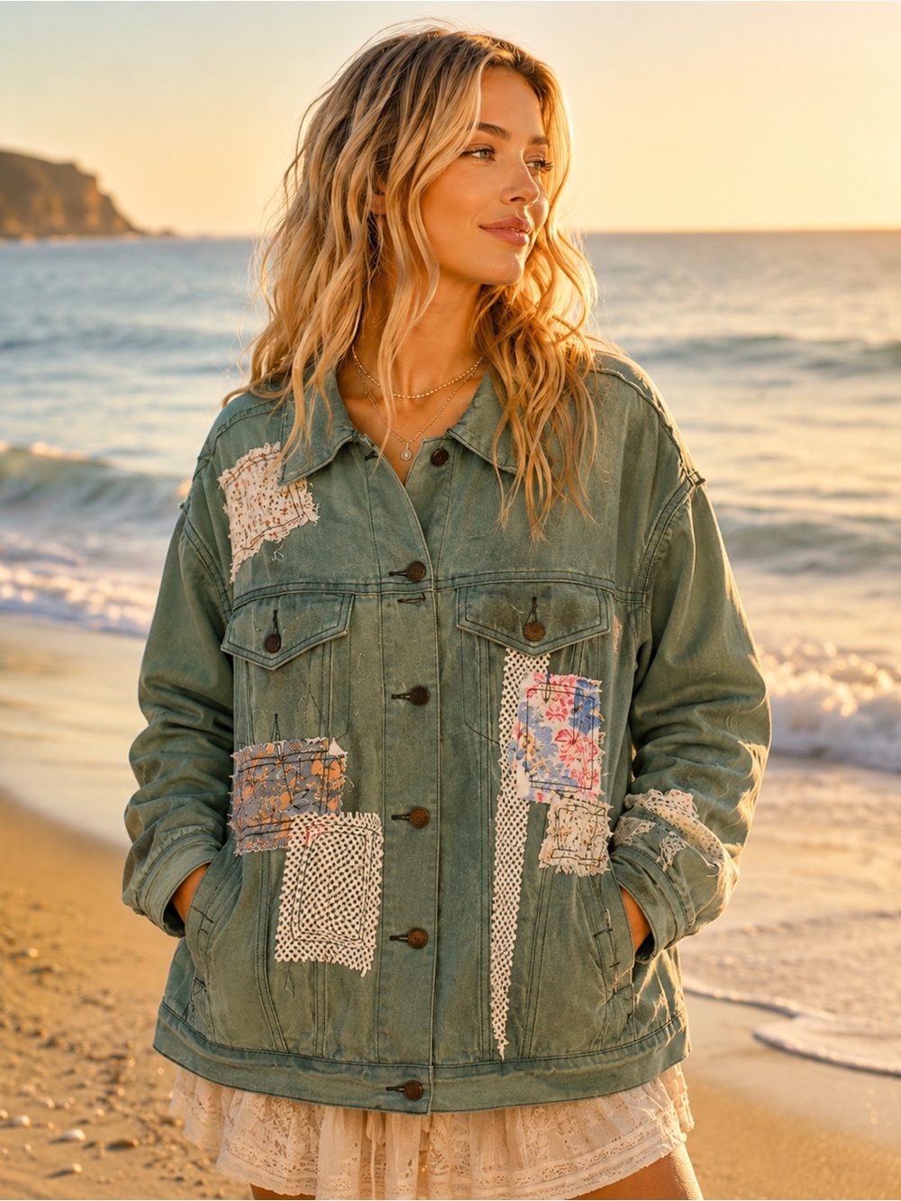 POL L Patchwork Denim Jacket in Sea Grass - Picture 2 of 9